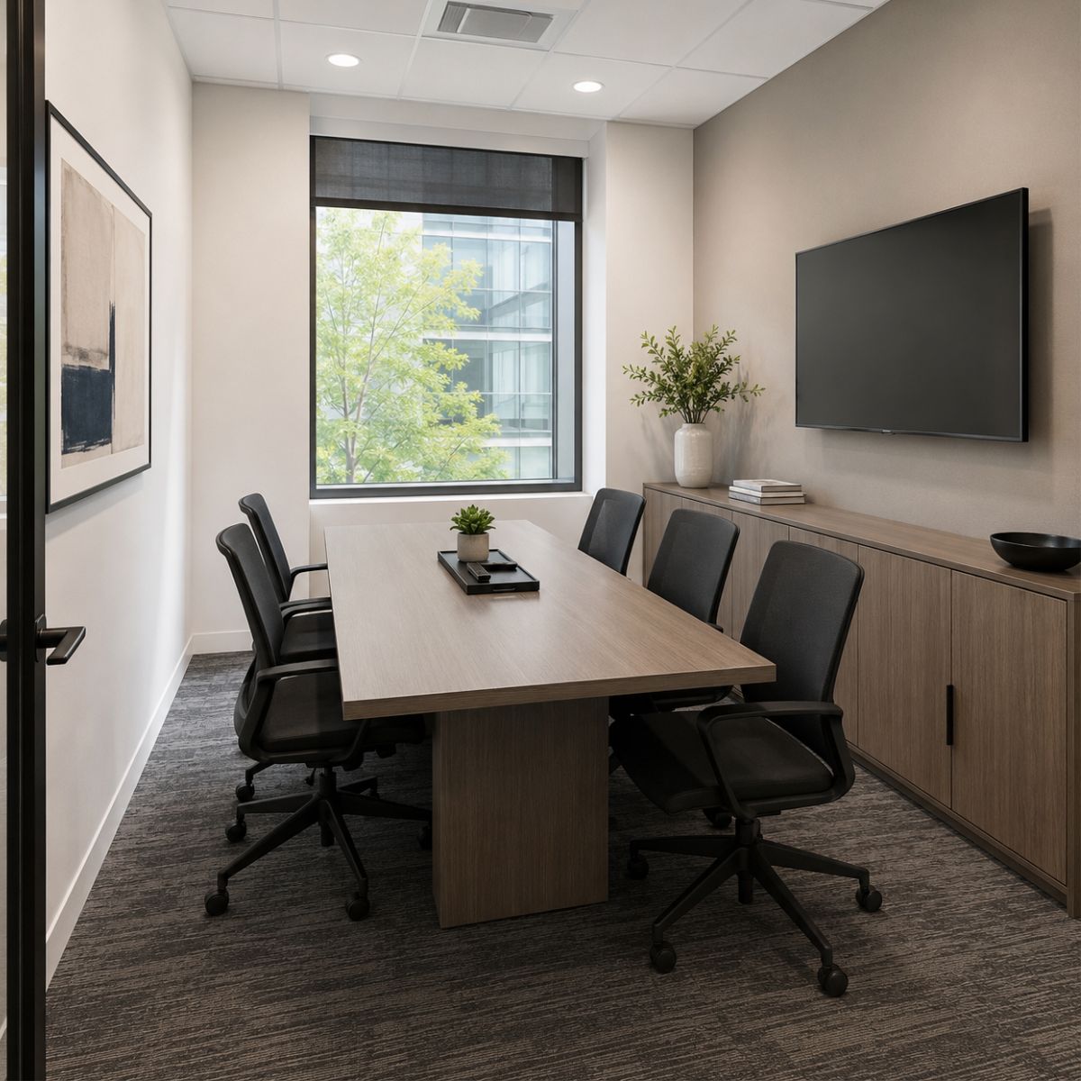 Sala de juntas pequeña con mobiliario compacto y espacio optimizado